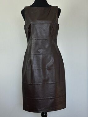 David Meister Faux Leather Sheath Dress | Espresso Fitted Midi | Minimalist Luxe